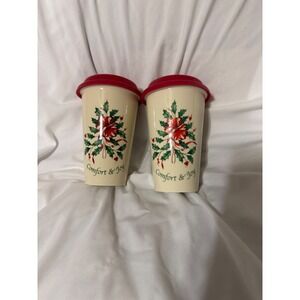 Lenox Comfort & Joy Holiday Travel Mug Set of 2 Ceramic Christmas Holly Tumblers